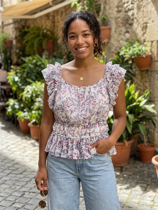 French Connection Tops - French Connection Pink Floral‎ Ruffle Peplum Top Blouse Size Large Cottagecore